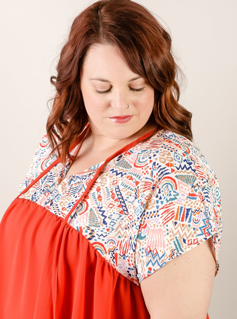 Curvy Red Orange Embroidered Top Blouse