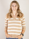 Camel and White Striped Collared Sweater