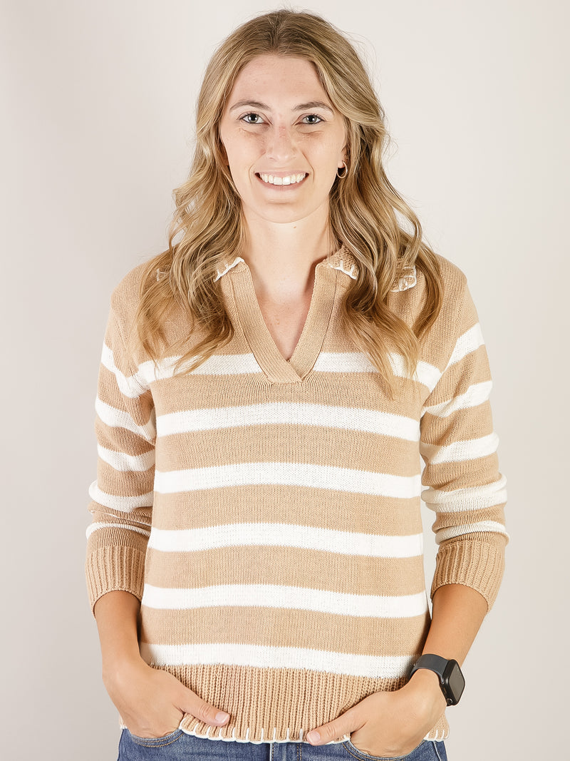 Camel and White Striped Collared Sweater