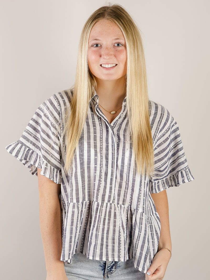 Navy and White Short Sleeve Peplum Button Down