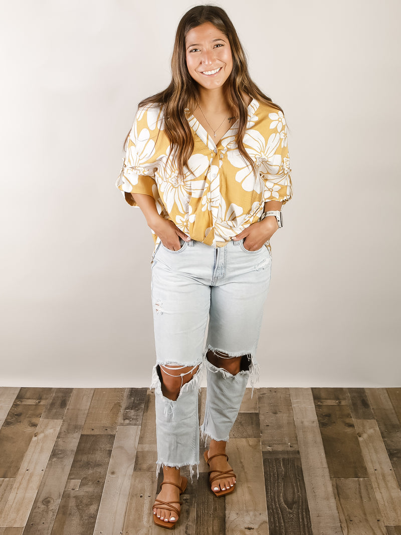 Caramel Large Floral Print Wrap Top