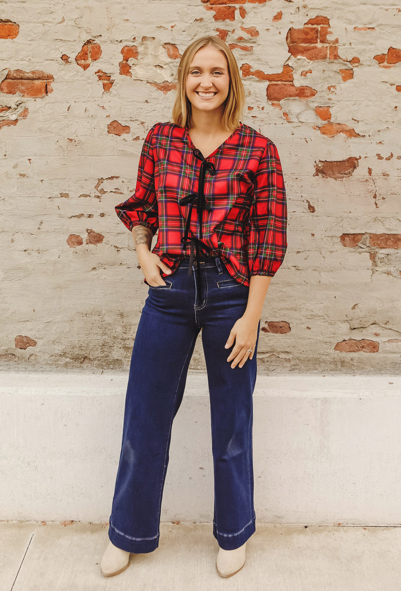 Red Plaid Tie Front Blouse