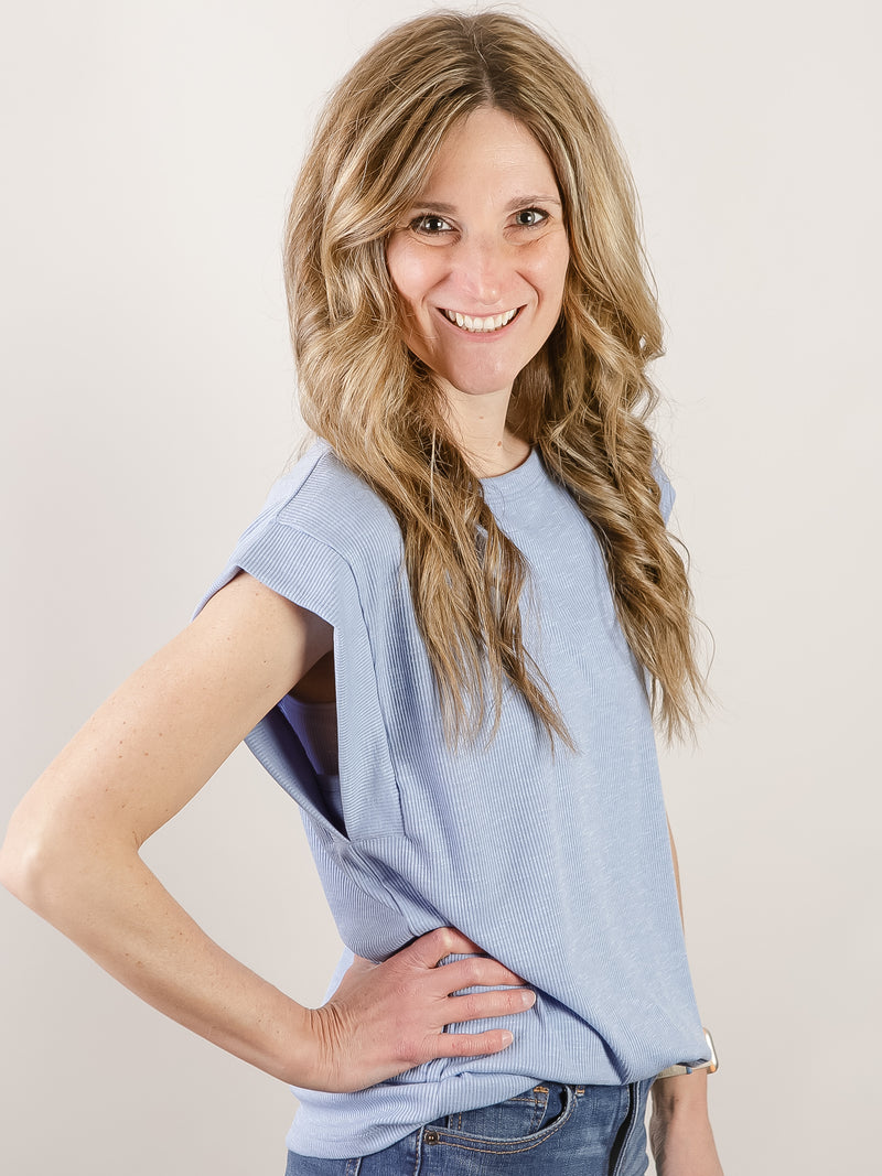 Blue Solid Slubbed Knit Top
