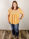 Curvy Marigold Embroidered Split Short Sleeve Blouse