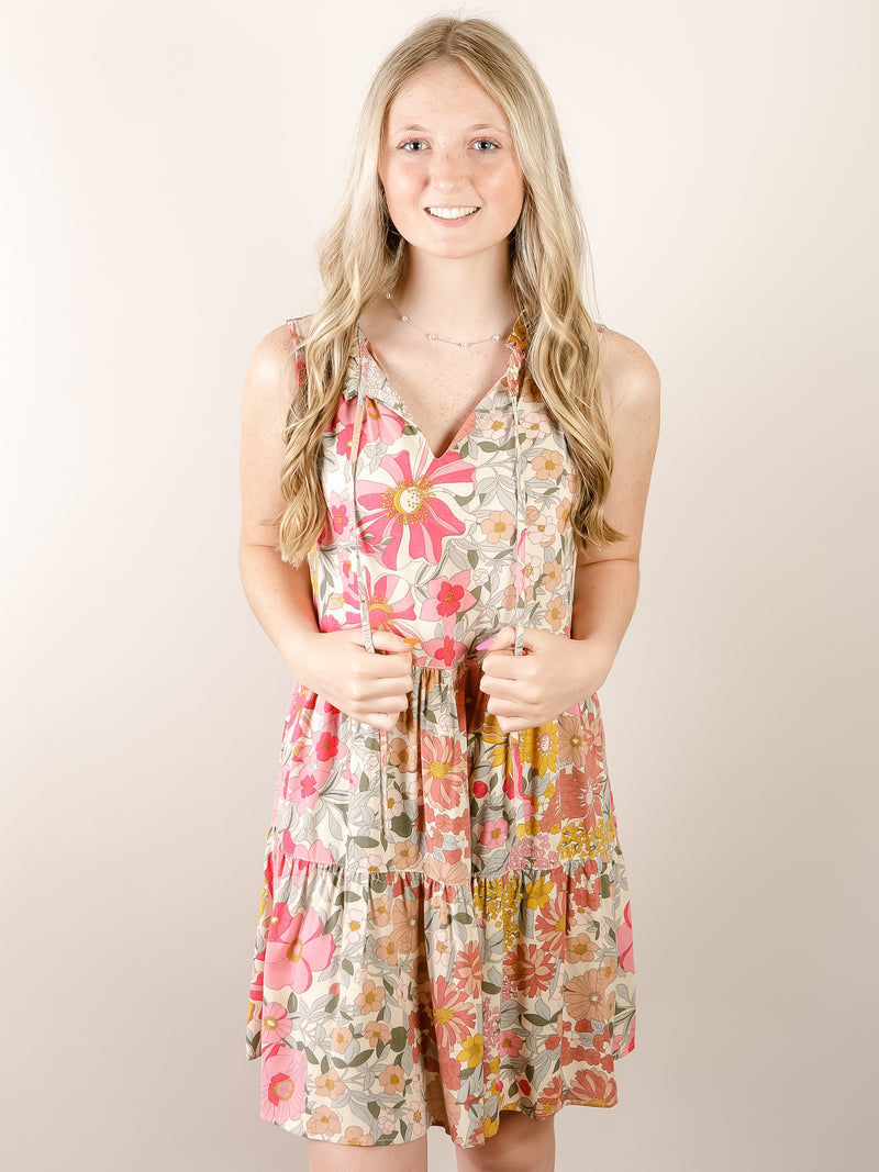 Pink and Mustard Floral Print Sleeveless Dress