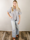 Navy and White Short Sleeve Peplum Button Down