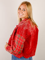 Red Corduroy Jacket with Plaid Accent