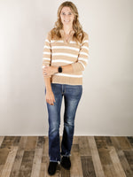 Camel and White Striped Collared Sweater