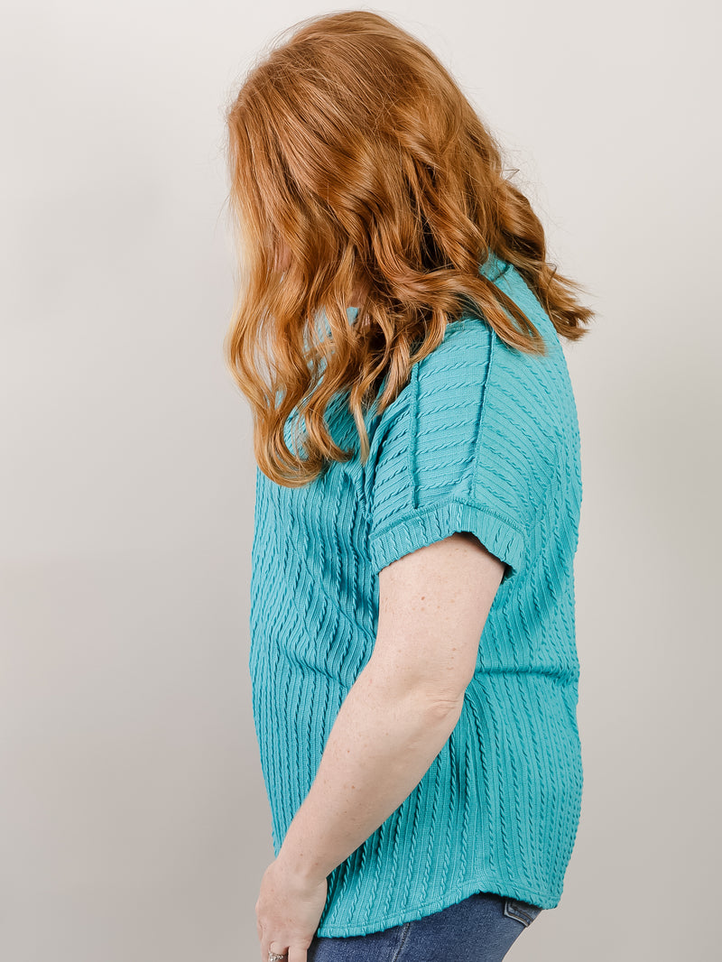 Turquoise Textured Ribbed V-neck Knit Top