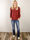 Burgundy Ruffled Neck with Buttons Long Sleeve