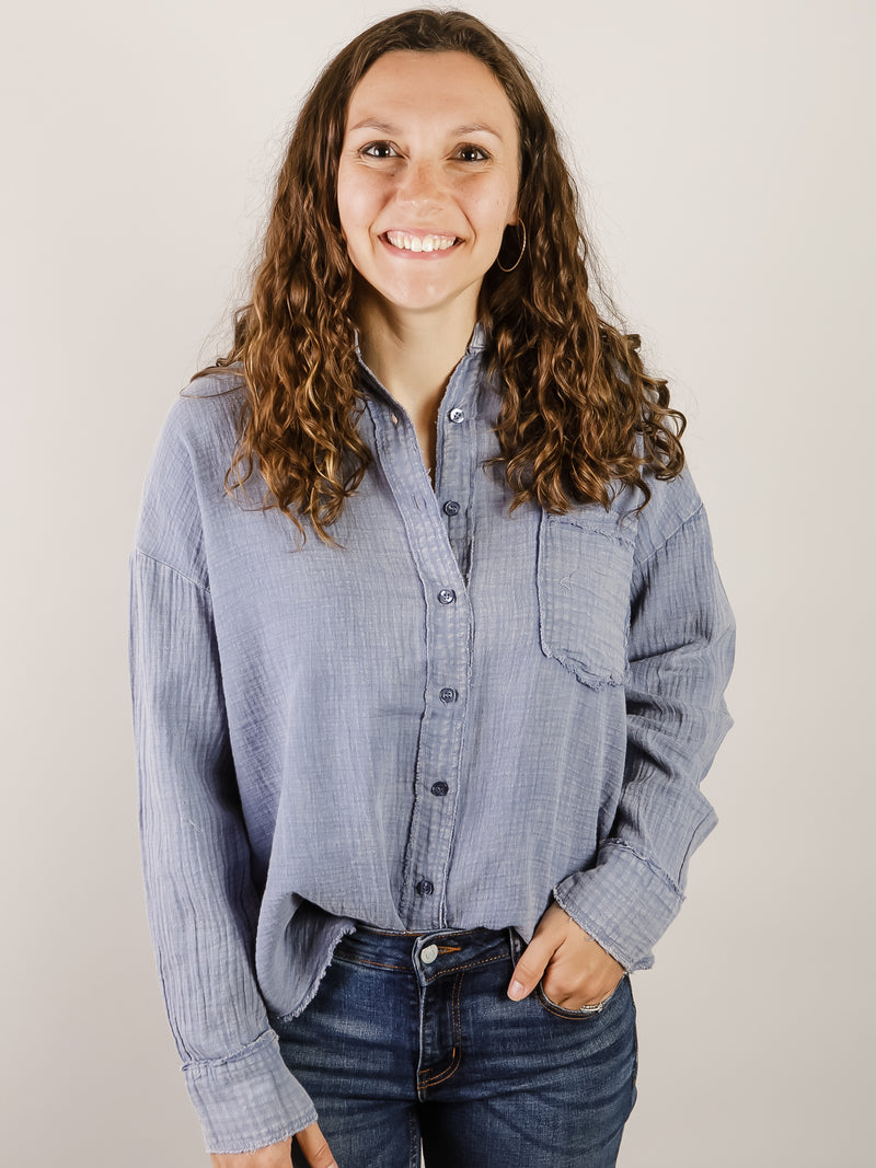 Blue Washed Raw Edge Button Down Shirt