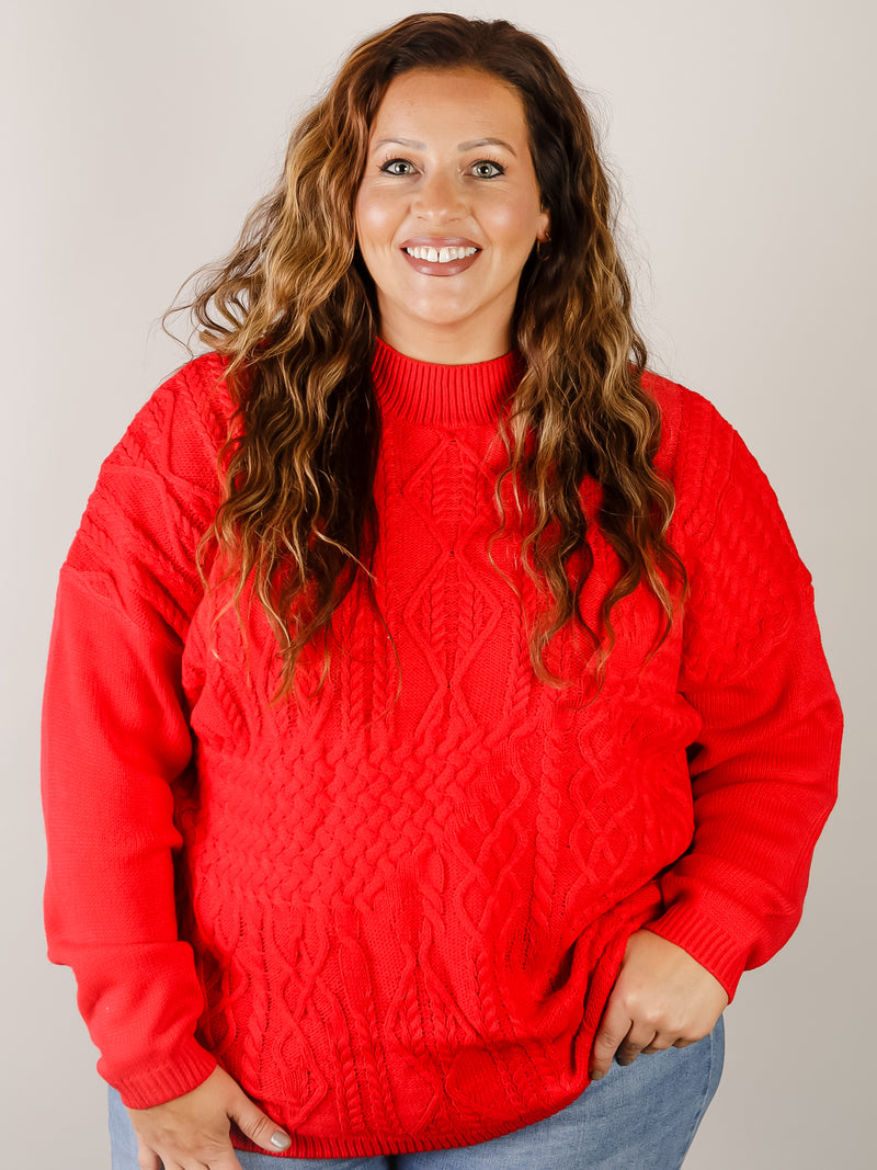 Curvy Solid Red Cable Sweater