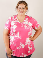 Curvy Hot Pink and White Floral Vneck Top