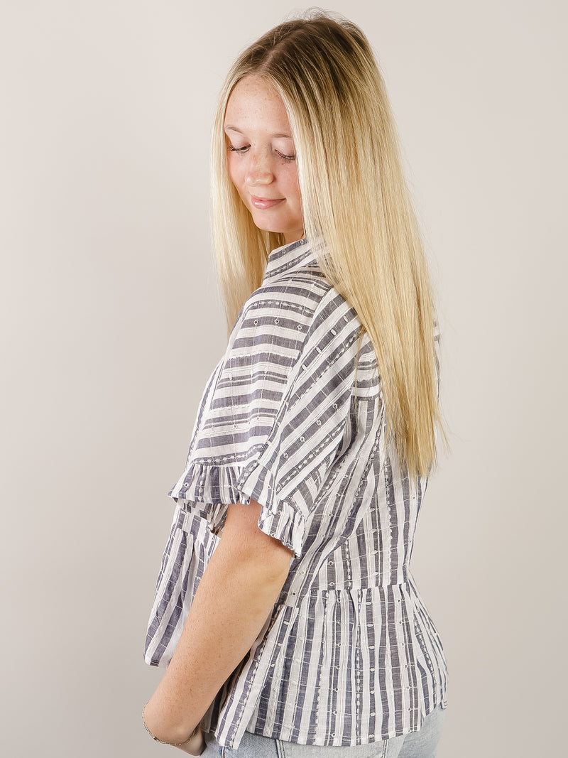 Navy and White Short Sleeve Peplum Button Down