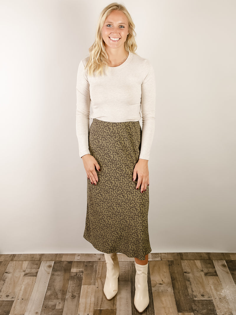 Olive Leopard Print Midi Skirt