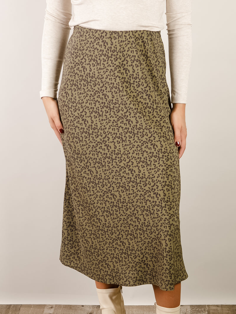 Olive Leopard Print Midi Skirt