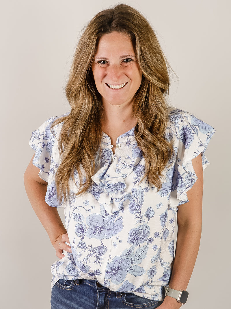 Denim Blue and White Floral Ruffled Blouse