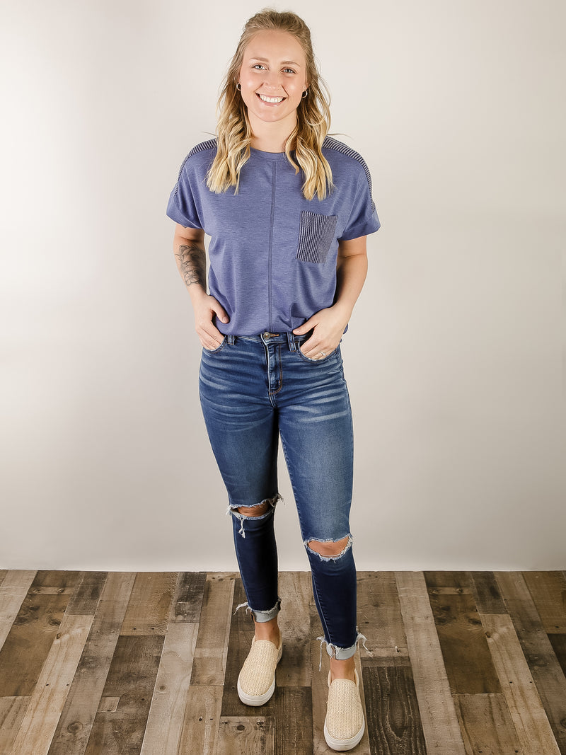 Blue Short Sleeve with Striped Pocket