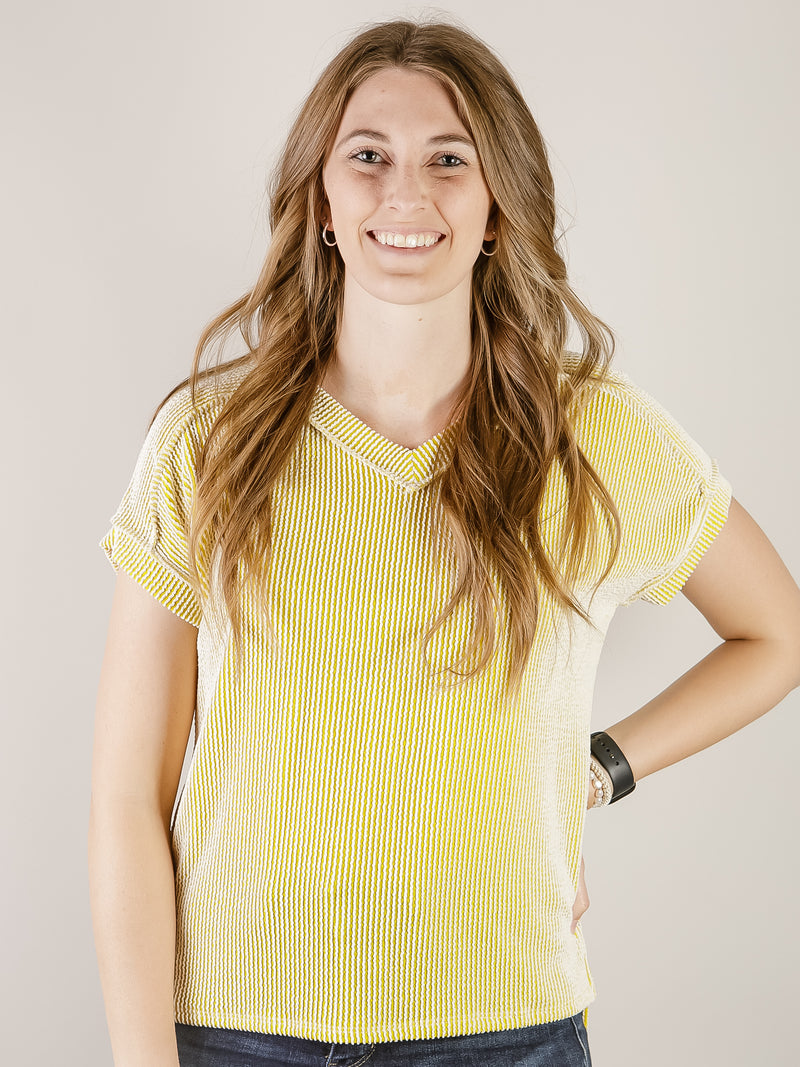 Citron Ribbed Vneck Short Sleeve