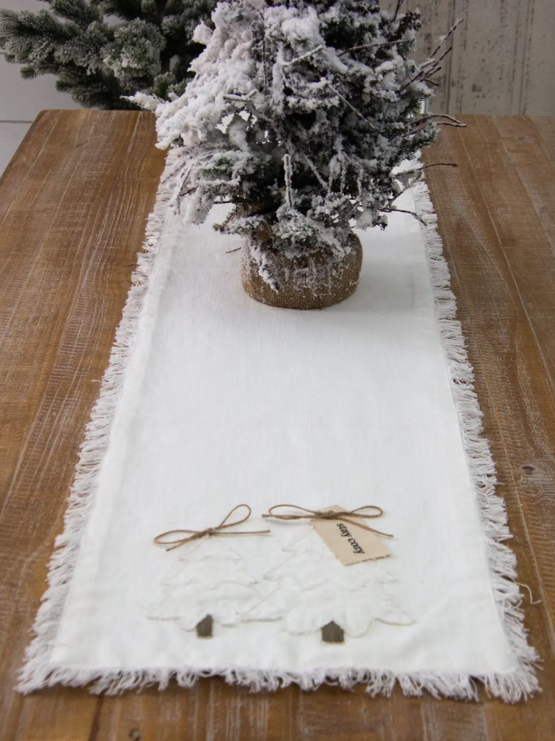 White Frayed Tree Table Runner