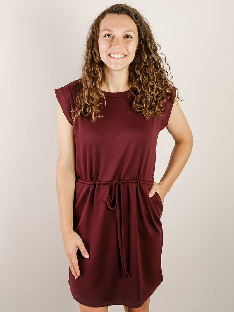 Wine Knit Drawstring Dress