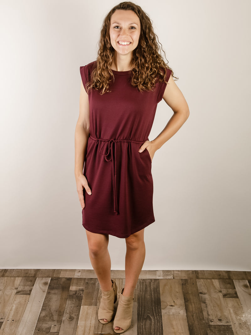 Wine Knit Drawstring Dress