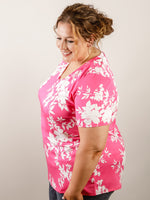 Curvy Hot Pink and White Floral Vneck Top