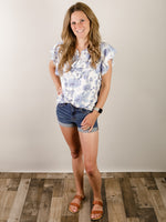 Denim Blue and White Floral Ruffled Blouse