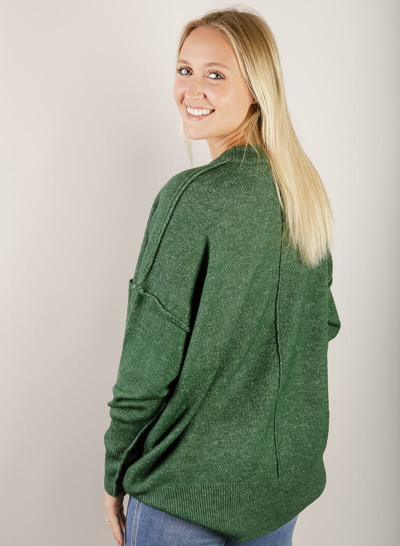 Dark Green Melange Pocket High Low Sweater