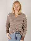 Brown Striped  Waffle Notched Neck Long Sleeve