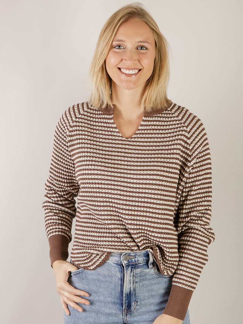 Brown Striped  Waffle Notched Neck Long Sleeve