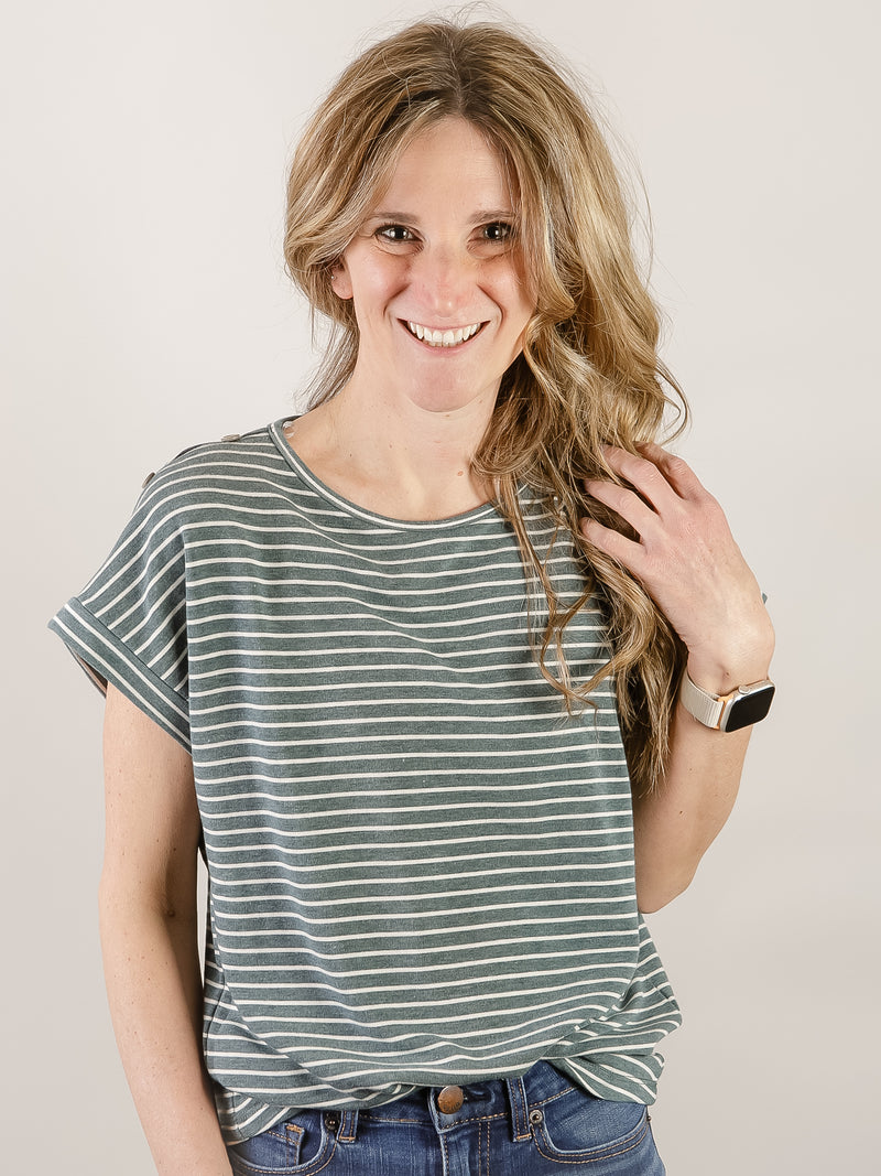 Hunter Green Striped Shirt with Shoulder Buttons