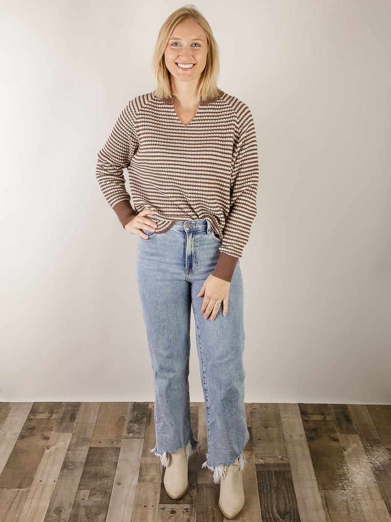 Brown Striped  Waffle Notched Neck Long Sleeve