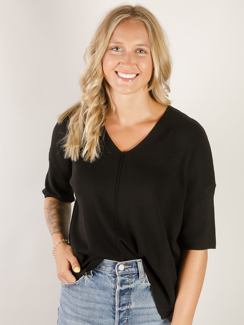 Black V-Neck 1/2 Sleeve Sweater