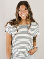 Dusty Blue Striped Short Sleeve Sweater
