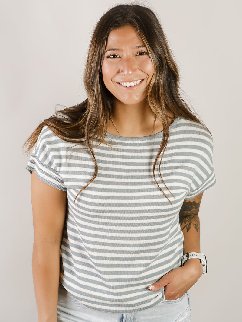 Dusty Blue Striped Short Sleeve Sweater
