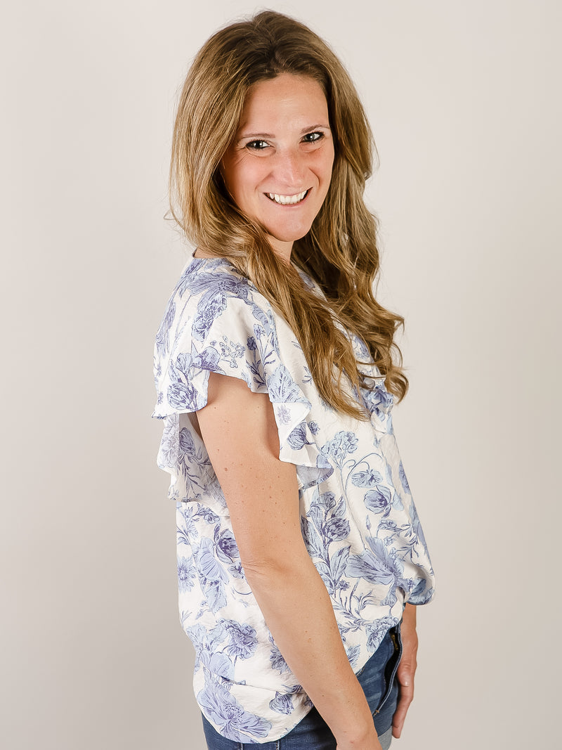 Denim Blue and White Floral Ruffled Blouse