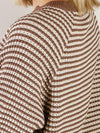 Brown Striped  Waffle Notched Neck Long Sleeve