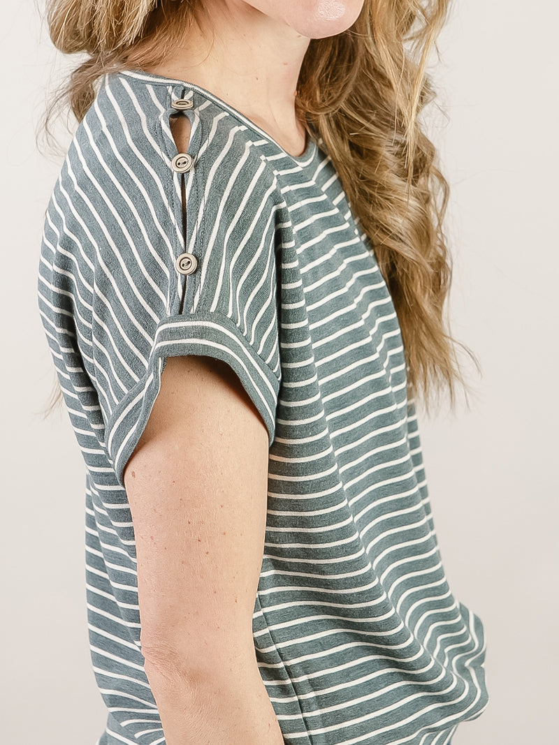 Hunter Green Striped Shirt with Shoulder Buttons