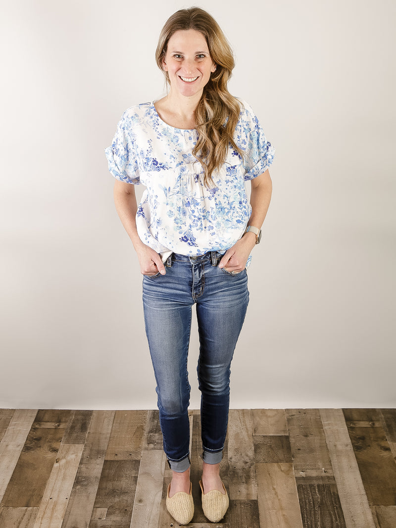 Blue and White Floral Print Top