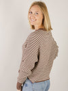 Brown Striped  Waffle Notched Neck Long Sleeve