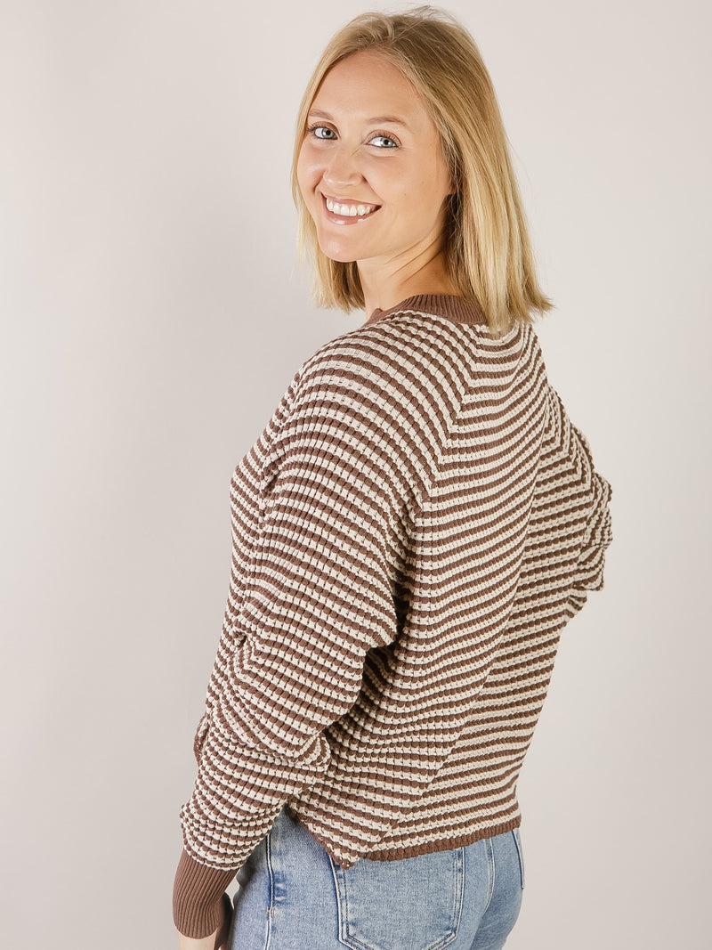 Brown Striped  Waffle Notched Neck Long Sleeve