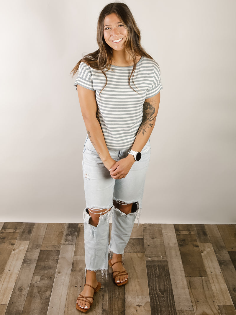 Dusty Blue Striped Short Sleeve Sweater