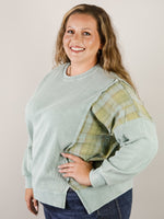 Sea Blue Mineral Washed Waffle Top with Plaid Sides