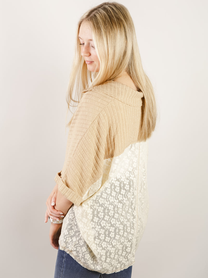 Mocha Oversized Knit Top with Lace Bottom