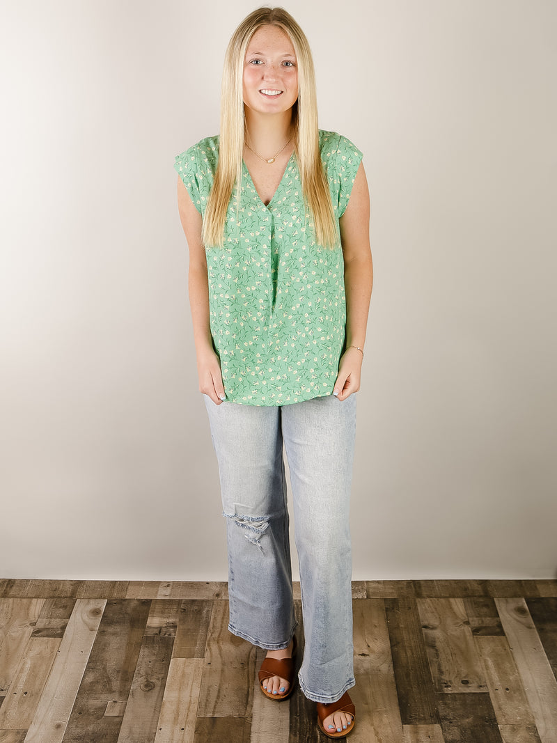 Green V-Neck Floral Blouse