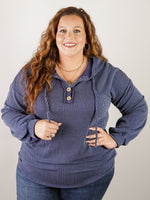 Curvy Navy Ribbed Hooded Top