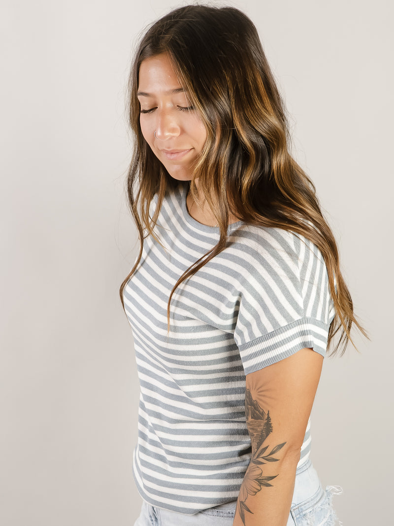Dusty Blue Striped Short Sleeve Sweater