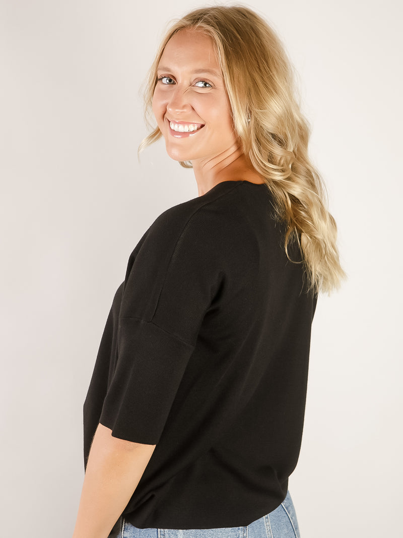 Black V-Neck 1/2 Sleeve Sweater
