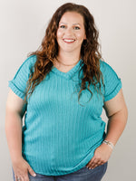 Curvy Turquoise Textured Ribbed V-neck Knit Top